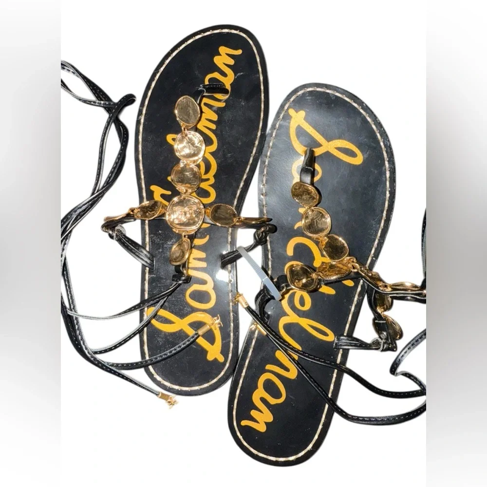 Sam Edelman Black Deirdre Wrap Leather Lace-Up Sandals Gold Coin Details Size 6 - Picture 5 of 6